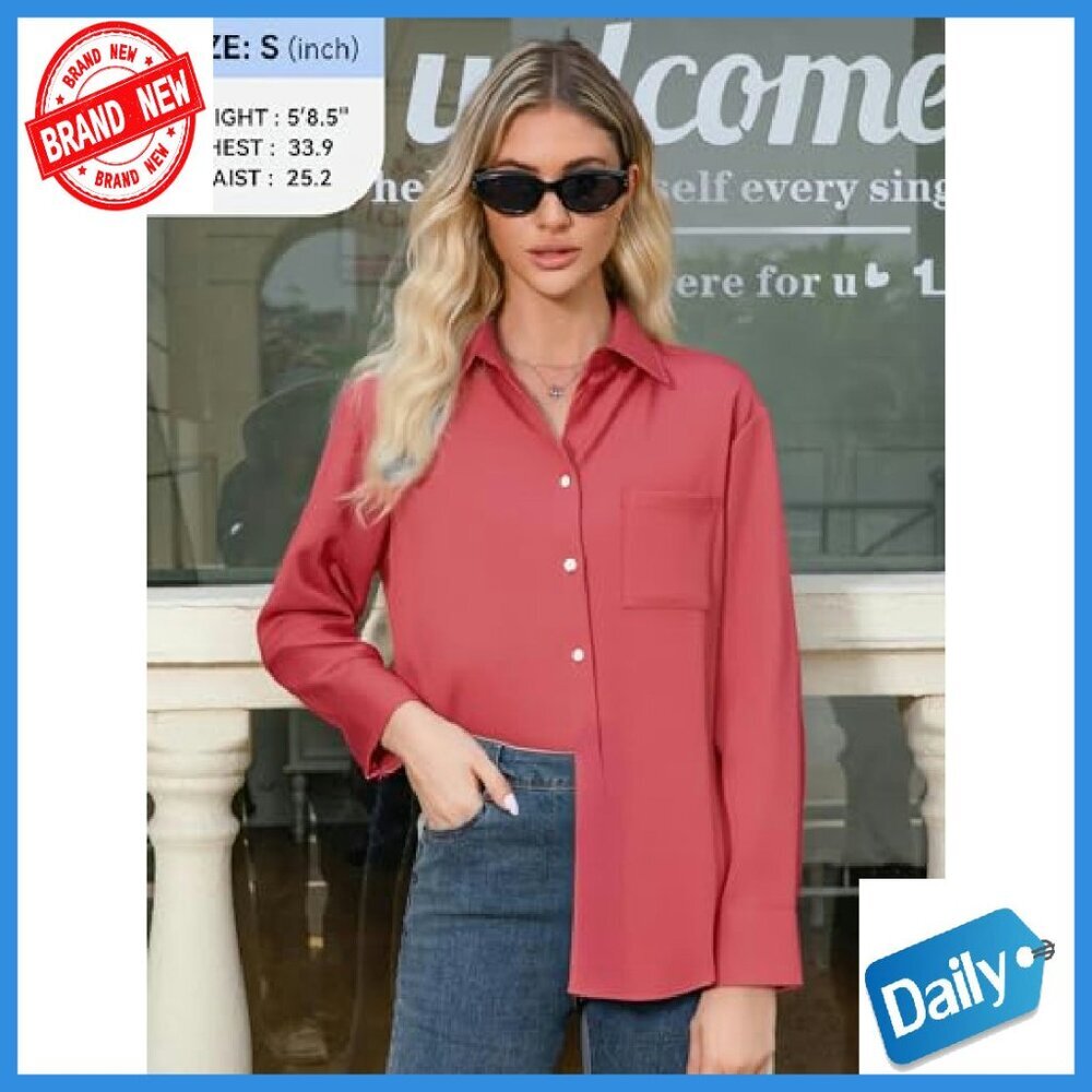 Oversized Button Down Shirt Wrinkle Free Long Sleeve Blouse with Pockets - Picture 3 of 7